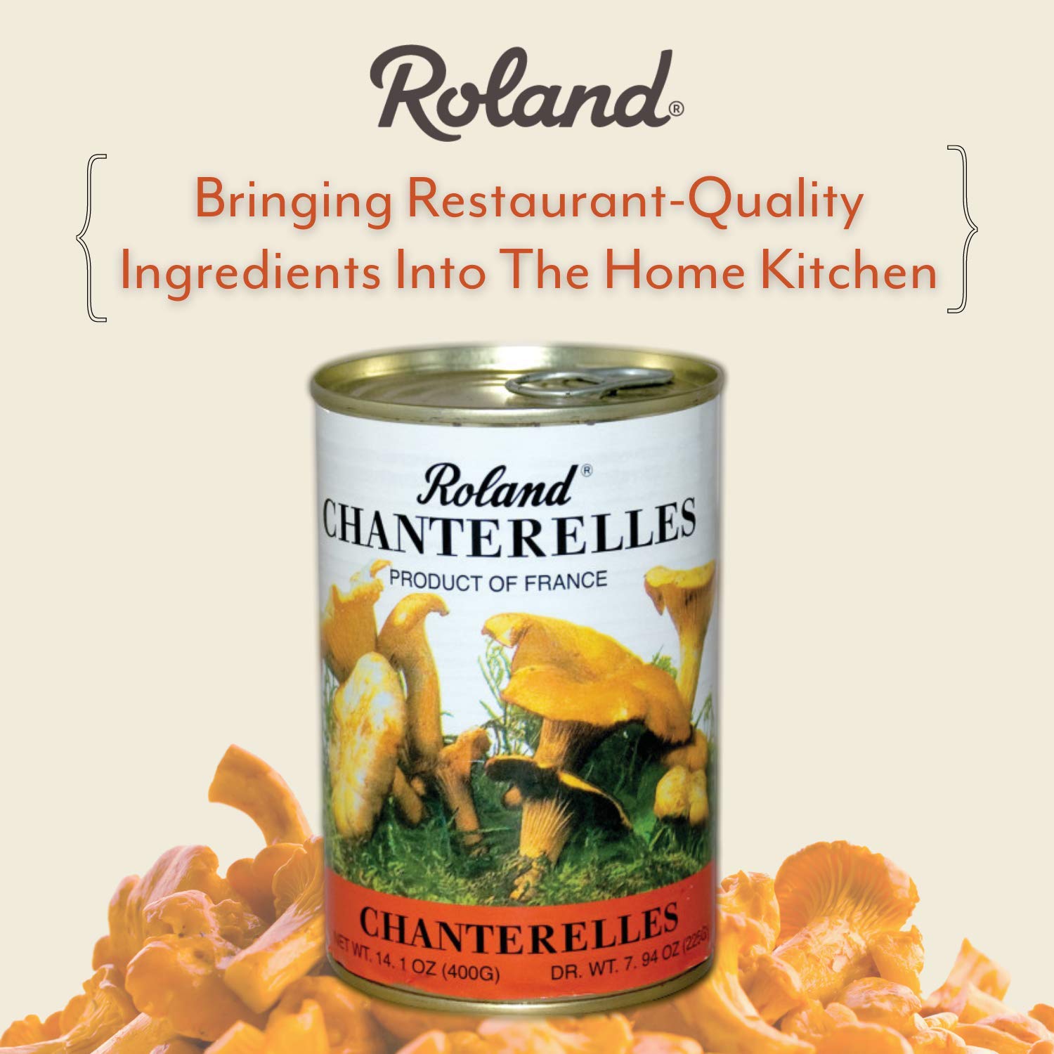 Roland Foods open can showing drained chanterelle mushrooms, ready for quick cooking and use