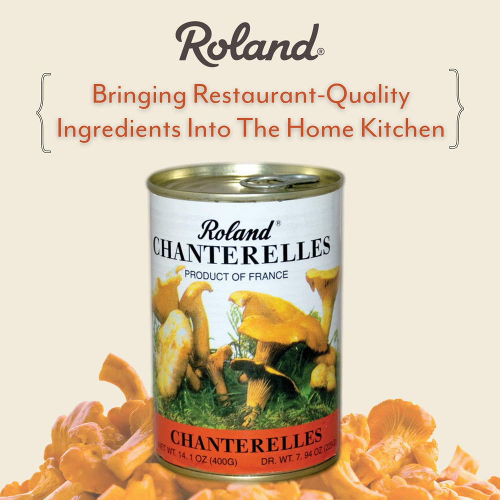 Roland Foods open can showing drained chanterelle mushrooms, ready for quick cooking and use