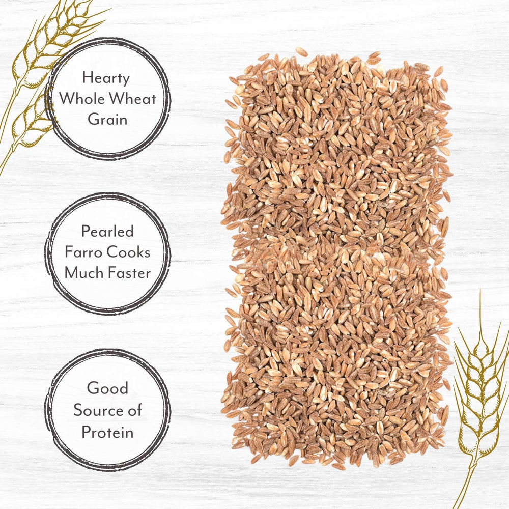 Close-up texture of Roland pearled farro grains highlighting firm chew and nutty appeal