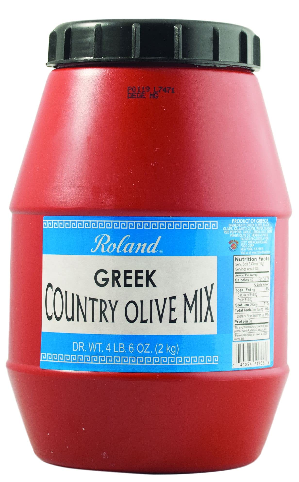 Roland Foods front tub image showing 4 lb 6 oz olive mix, great for catering
