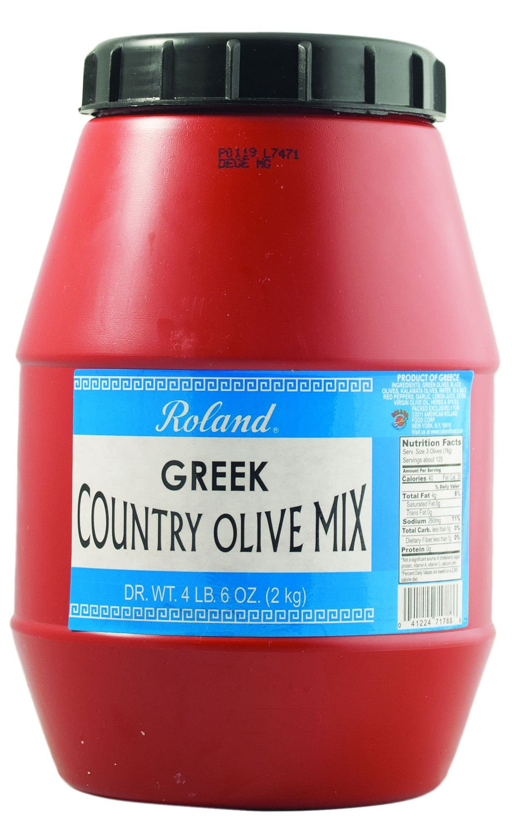 Roland Foods front tub image showing 4 lb 6 oz olive mix, great for catering