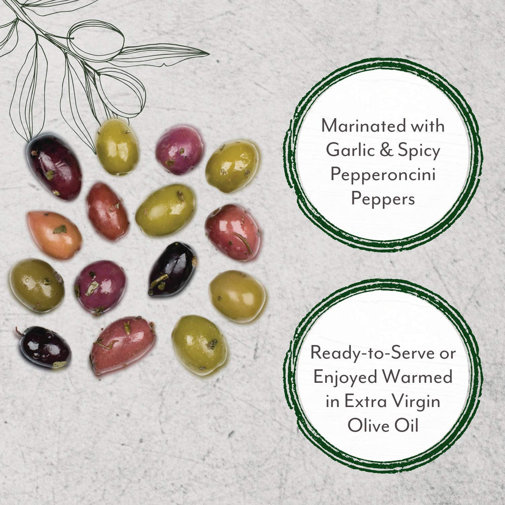 Roland Foods bowl of olive mix on antipasti board, ready to serve to guests