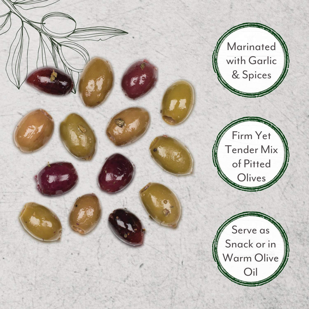 Roland Foods marinated olive texture with garlic and pepperoncini for bold seasoning