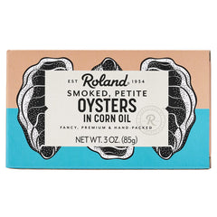 Roland Foods front tin view showing brand and compact smoked oysters in oil benefit convenience