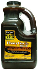 Roland Foods front view of one-gallon honey garlic bottle showing packaging and convenience