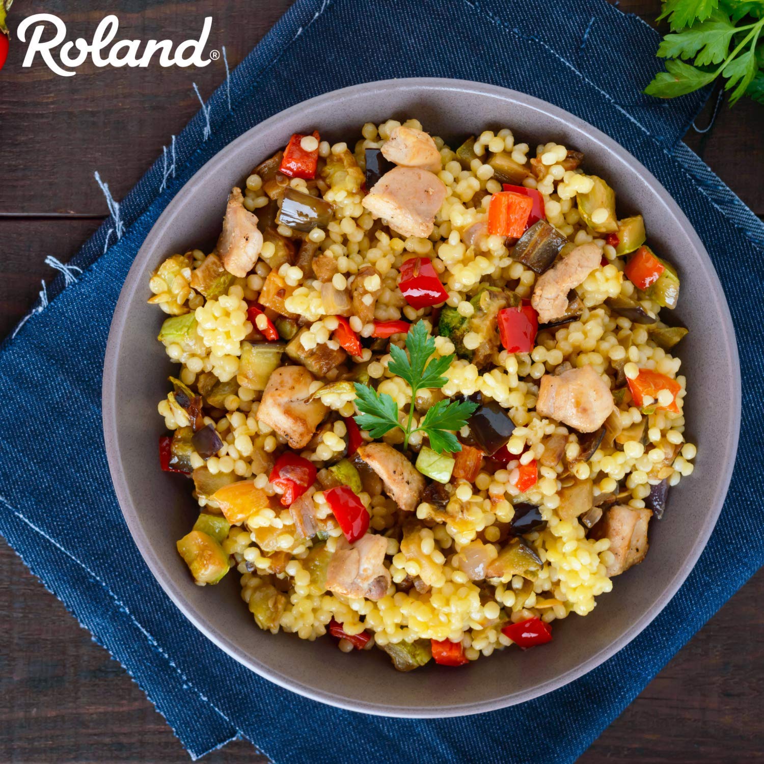 Roland Foods couscous stuffed peppers in a kitchen setting suggesting meal inspiration