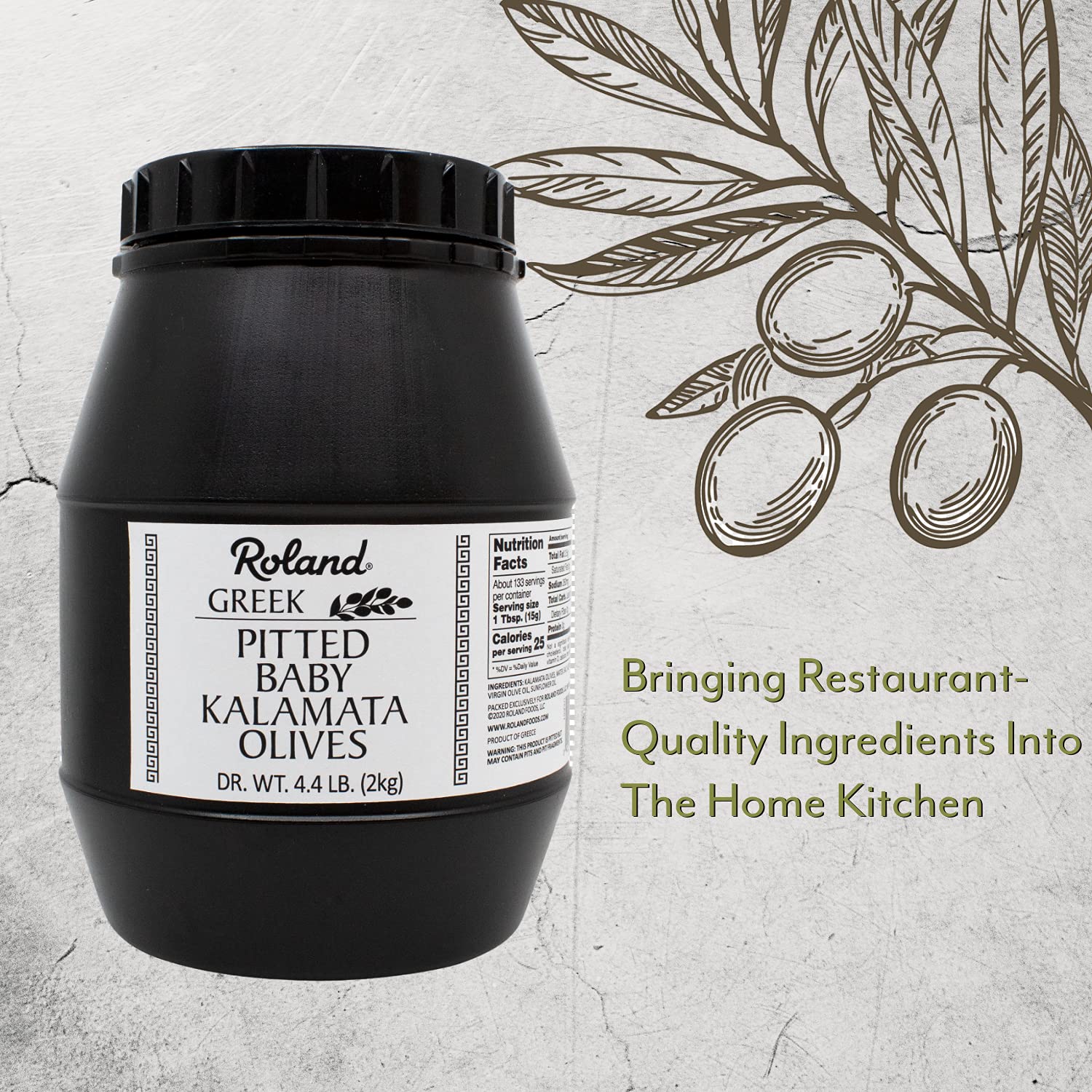 Close-up of Roland Foods Kalamata olive texture, highlighting meaty flesh and ripe color benefit