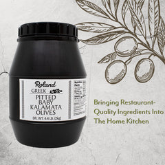Close-up of Roland Foods Kalamata olive texture, highlighting meaty flesh and ripe color benefit
