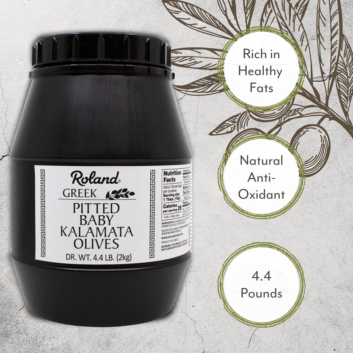Open jar of Roland Foods pitted Kalamata olives with spoon, ready-to-serve convenience