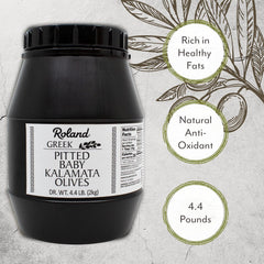 Open jar of Roland Foods pitted Kalamata olives with spoon, ready-to-serve convenience