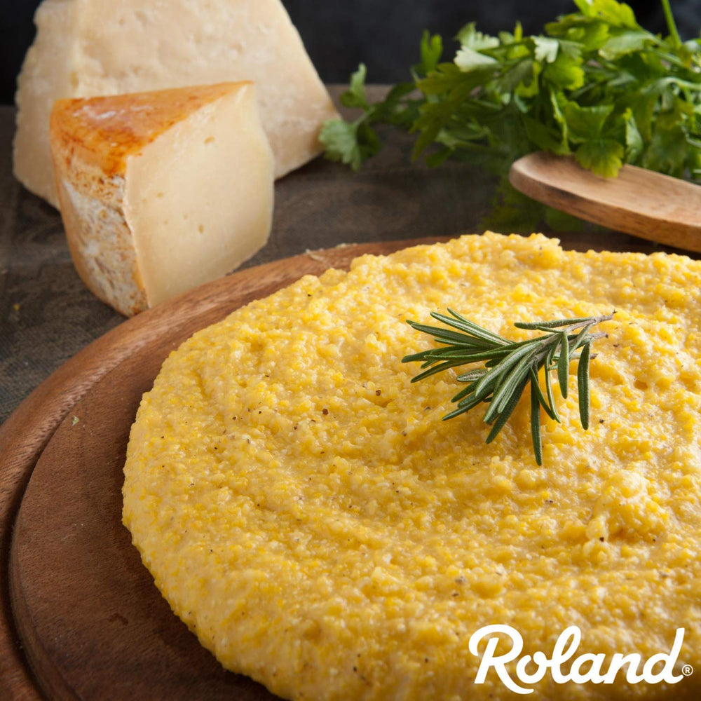 Roland Foods lifestyle shot with polenta served with shrimp, versatile meal option