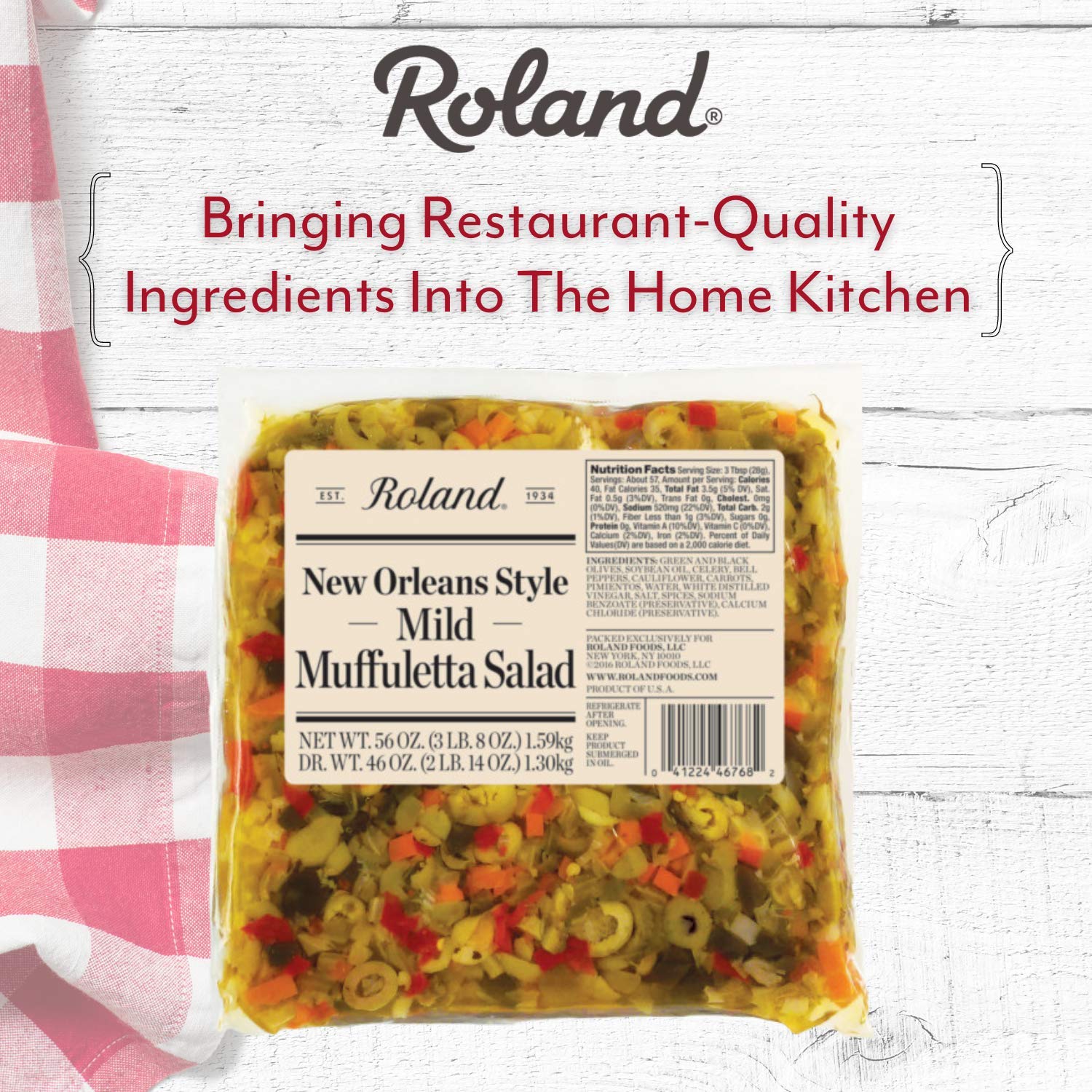 Roland Foods pouch beside ruler showing 56-ounce size for catering convenience