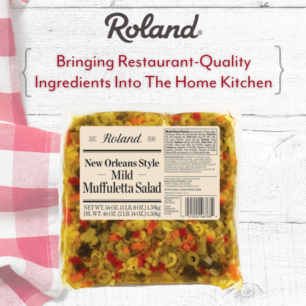 Roland Foods pouch beside ruler showing 56-ounce size for catering convenience