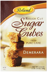 Roland Foods front packaging of rough cut demerara cubes showing brand and weight, elegant display benefit