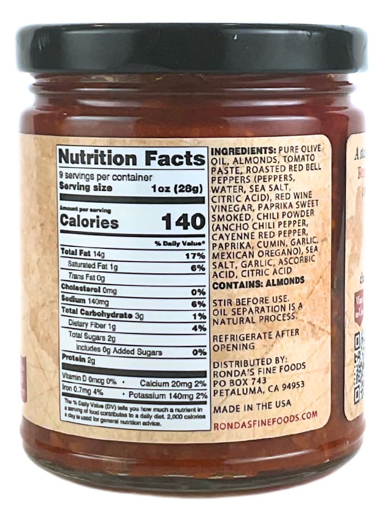 Ronda's Fine Foods romesco in serving bowl with herbs suggesting versatile serving options