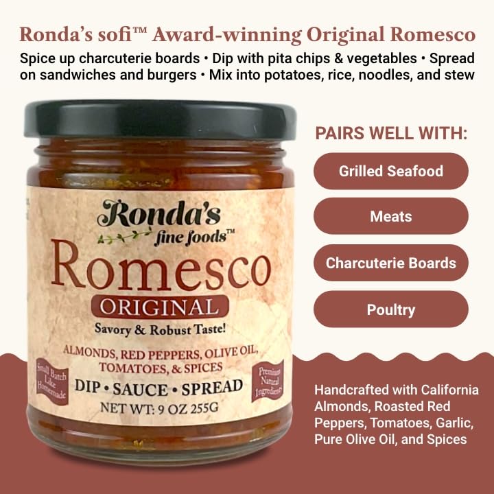 Ronda's Fine Foods spoon lifting chunky romesco highlighting texture and spreadability