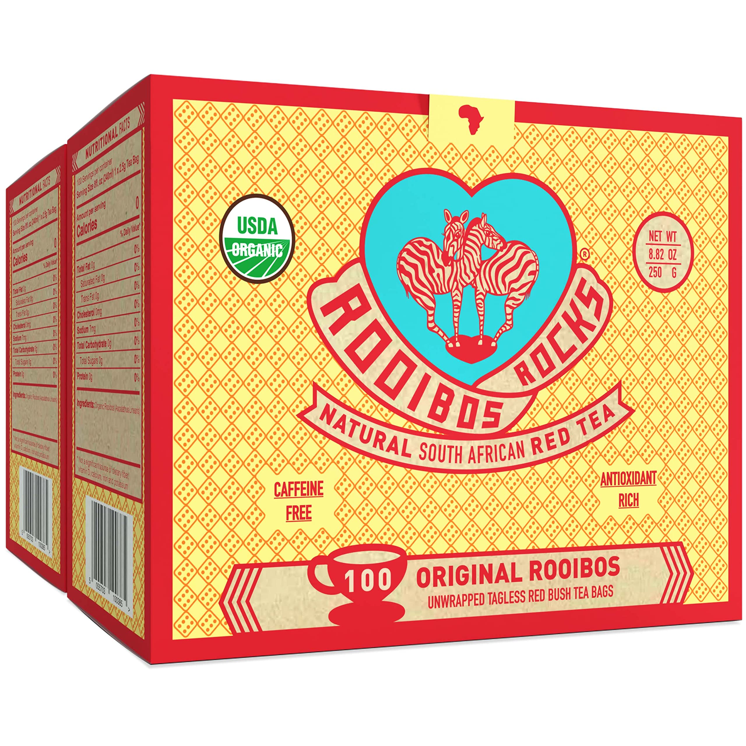 Rooibos Rocks front packaging showing 200 count and organic label, convenient supply