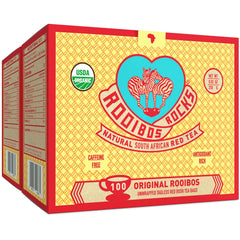 Rooibos Rocks front packaging showing 200 count and organic label, convenient supply