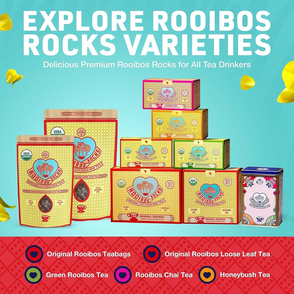 Rooibos Rocks box beside a ruler showing size and 200-bag supply scale