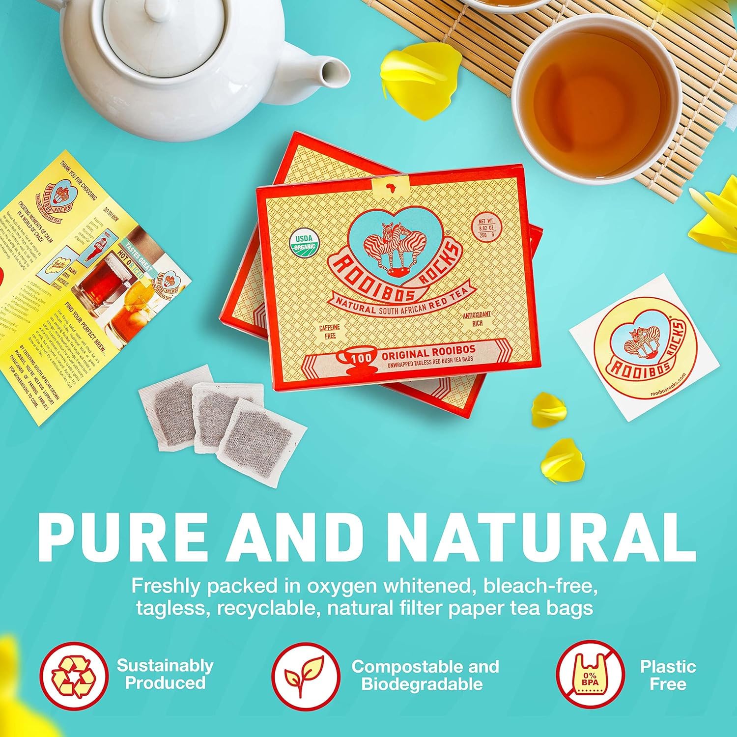 Rooibos Rocks tea bag biodegrade symbol detail highlighting eco-friendly choice