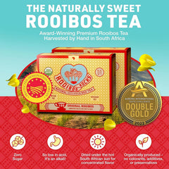 Close-up of Rooibos Rocks tagless tea bag showing fine rooibos leaves, easy steeping