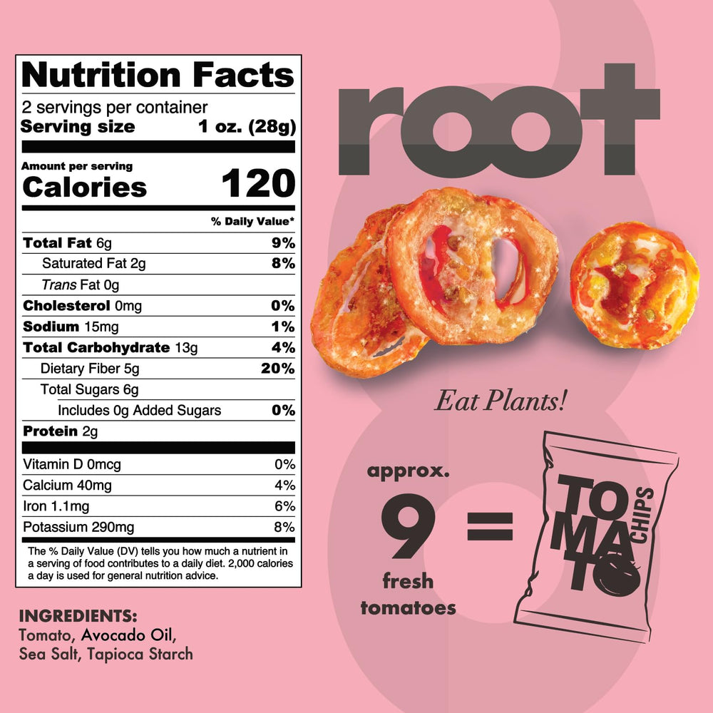 root brand open bag top view displaying crisp tomato chips for immediate snacking