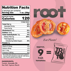 root brand open bag top view displaying crisp tomato chips for immediate snacking