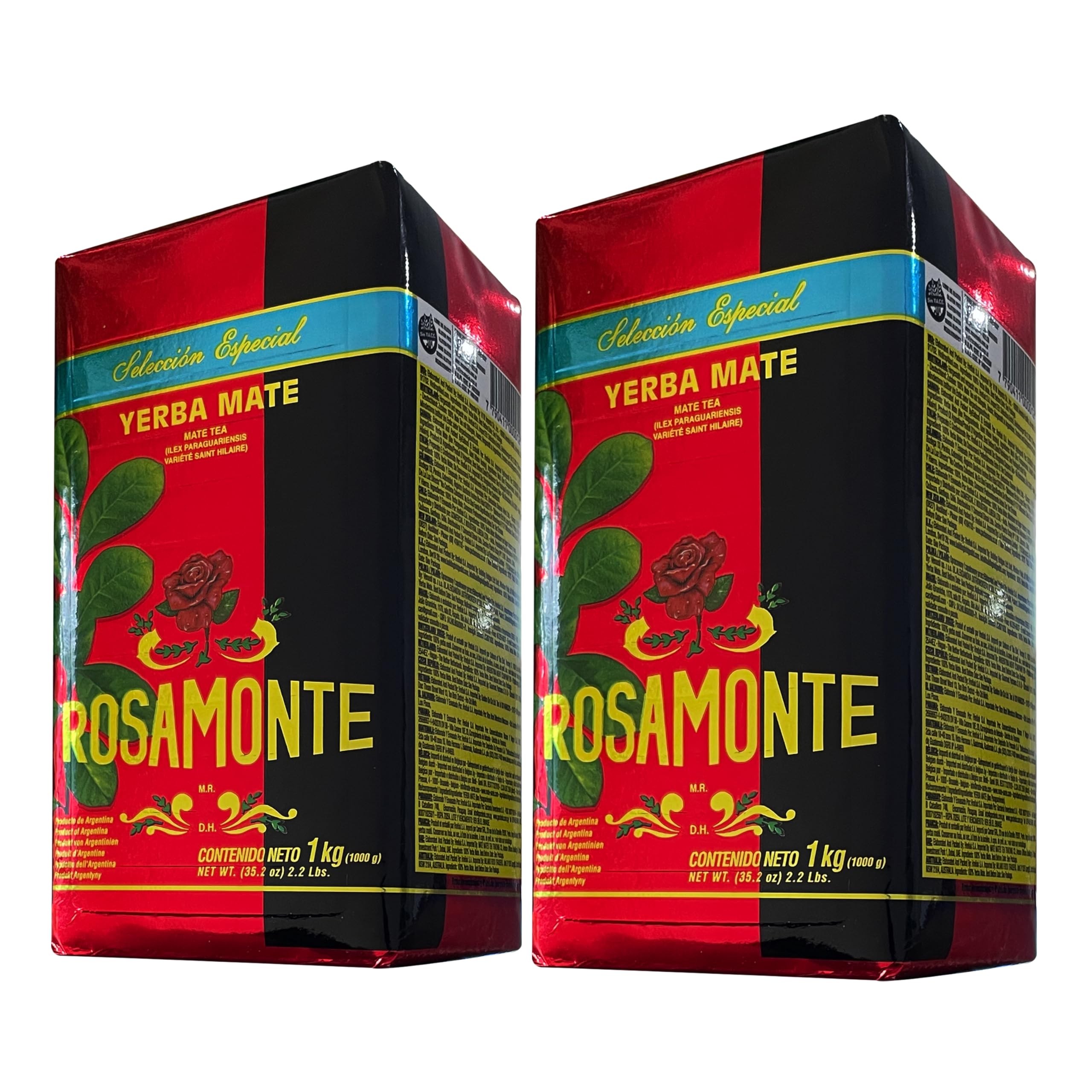 Rosamonte front packaging two 1kg bags showing brand and convenient 2 kg supply