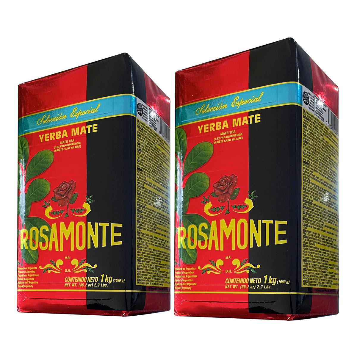 Rosamonte front packaging two 1kg bags showing brand and convenient 2 kg supply
