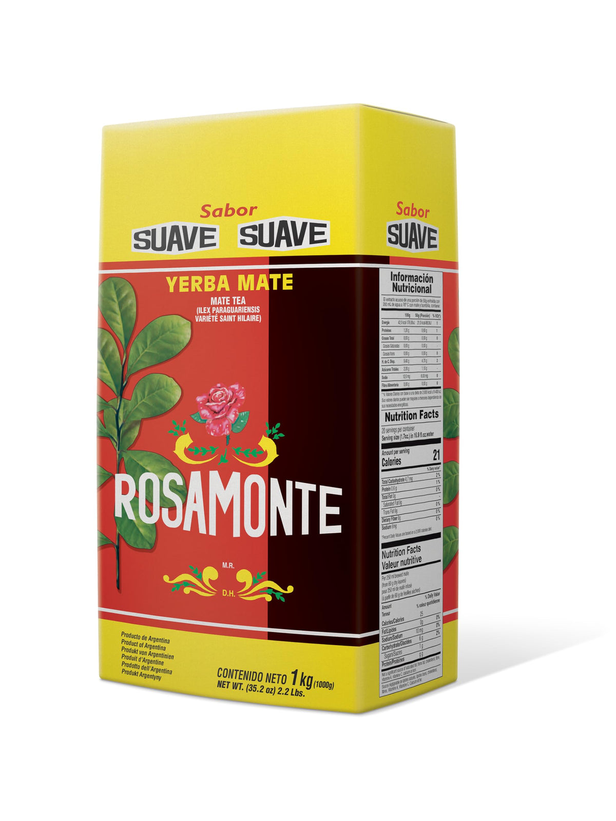 Rosamonte Suave front packaging 1 kg bag showing brand and mild flavor benefit