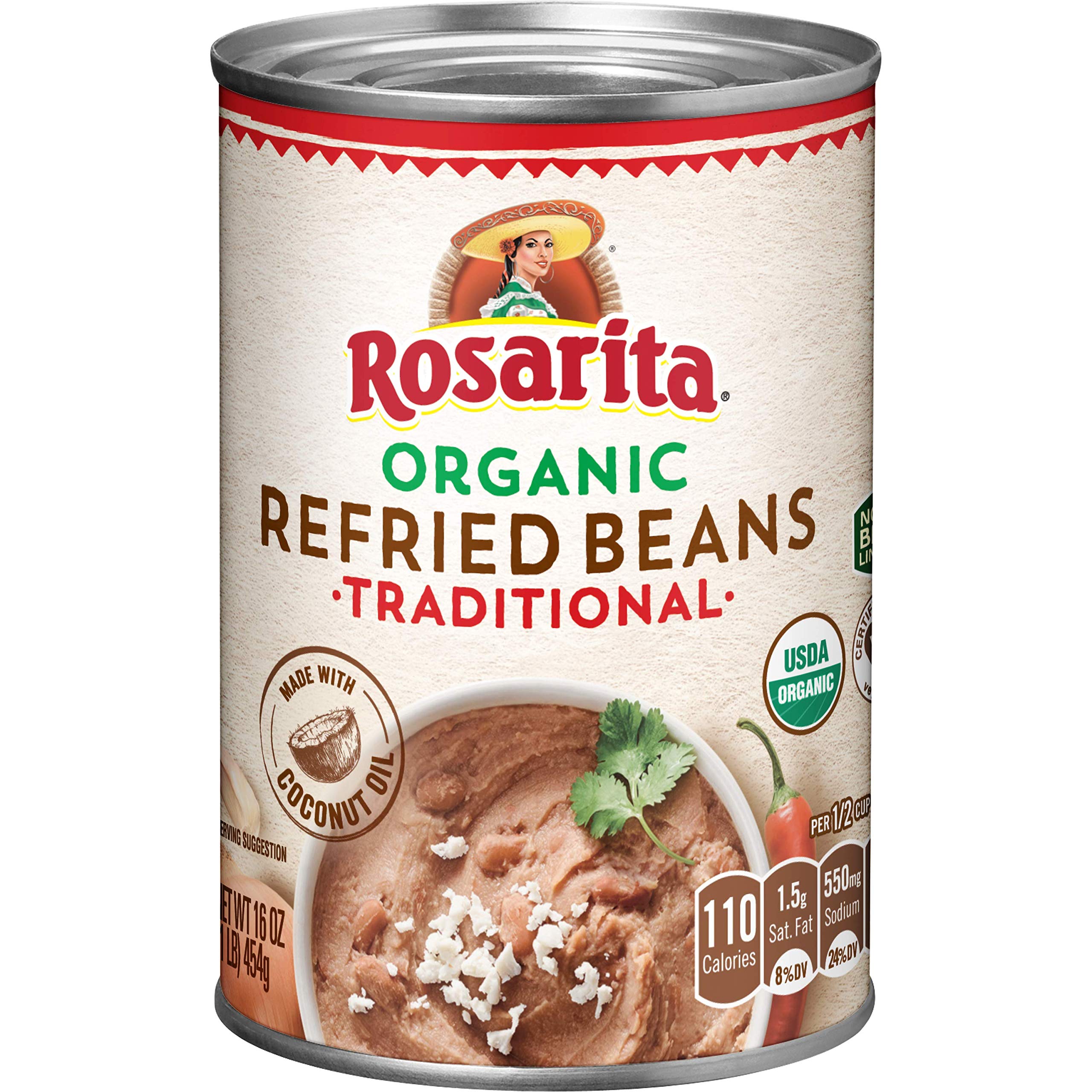 Rosarita organic refried beans front packaging showing label and pack convenience