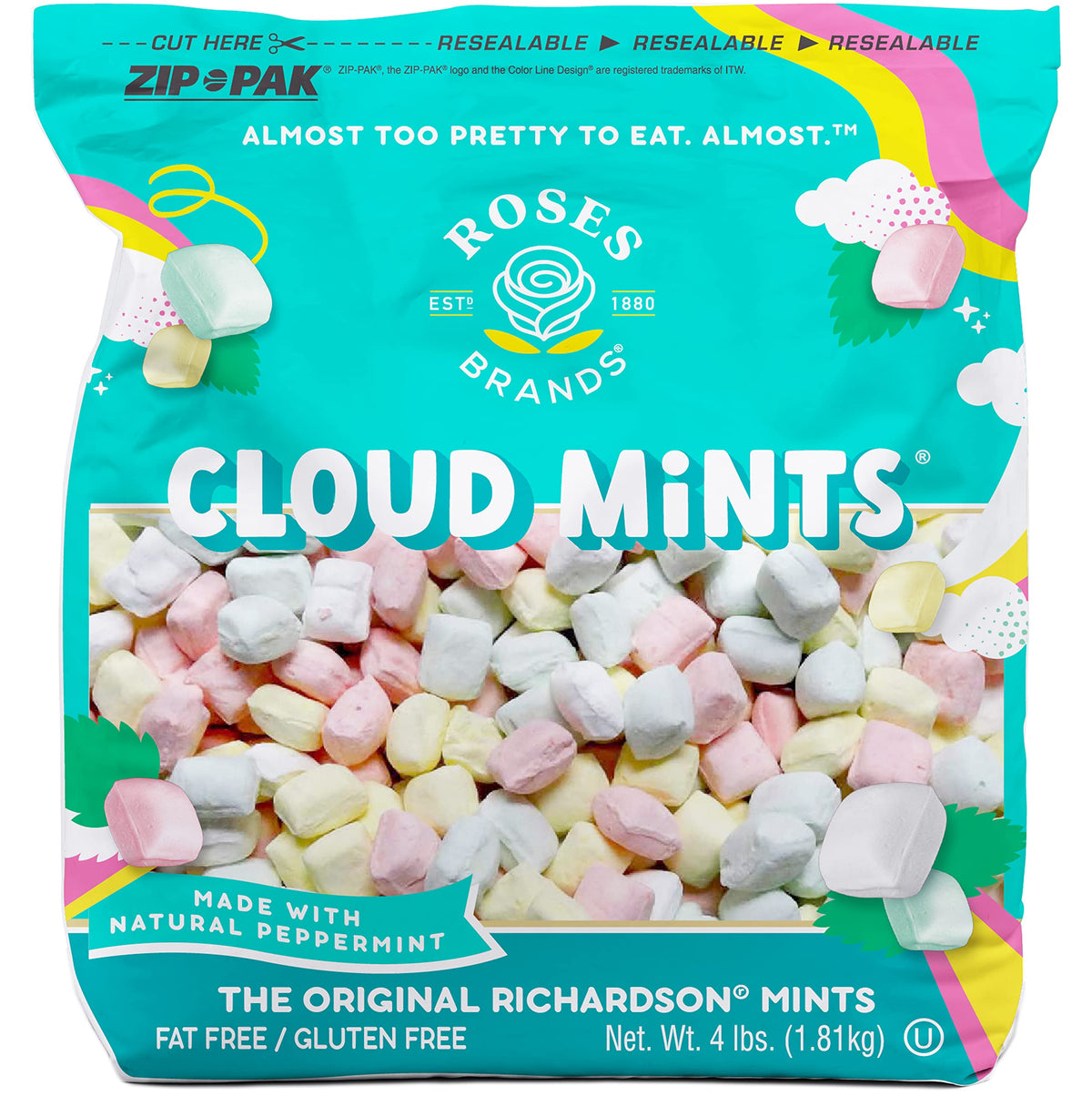 Roses Brands front packaging of 4 lb cloud mints showing size and pastel colors benefits convenience
