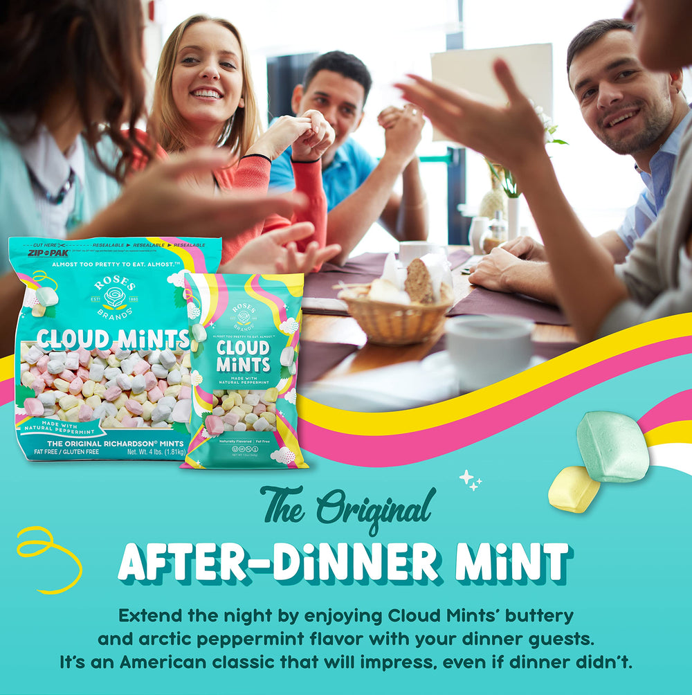 Nutrition and ingredient label on Roses Brands Cloud Mints conveying kosher and allergen information