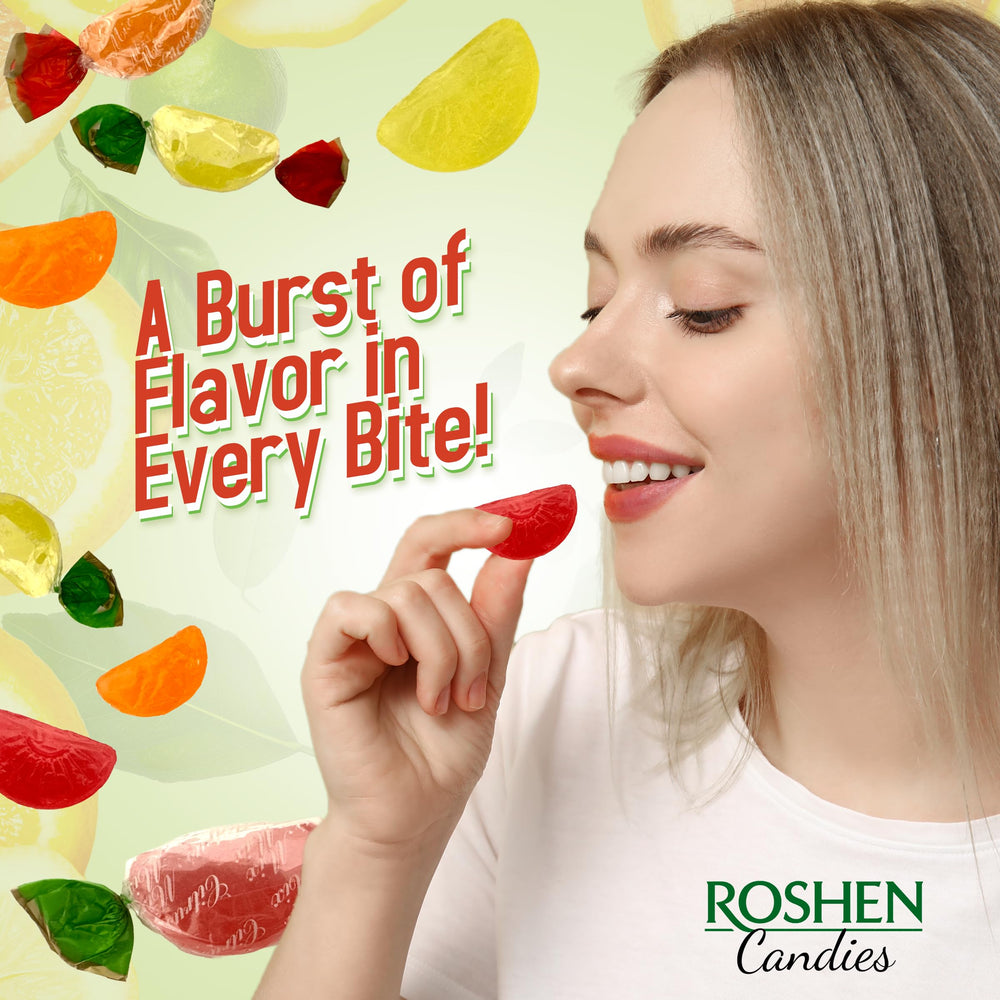 Roshen candies in a bowl at a party, bright citrus for sharing