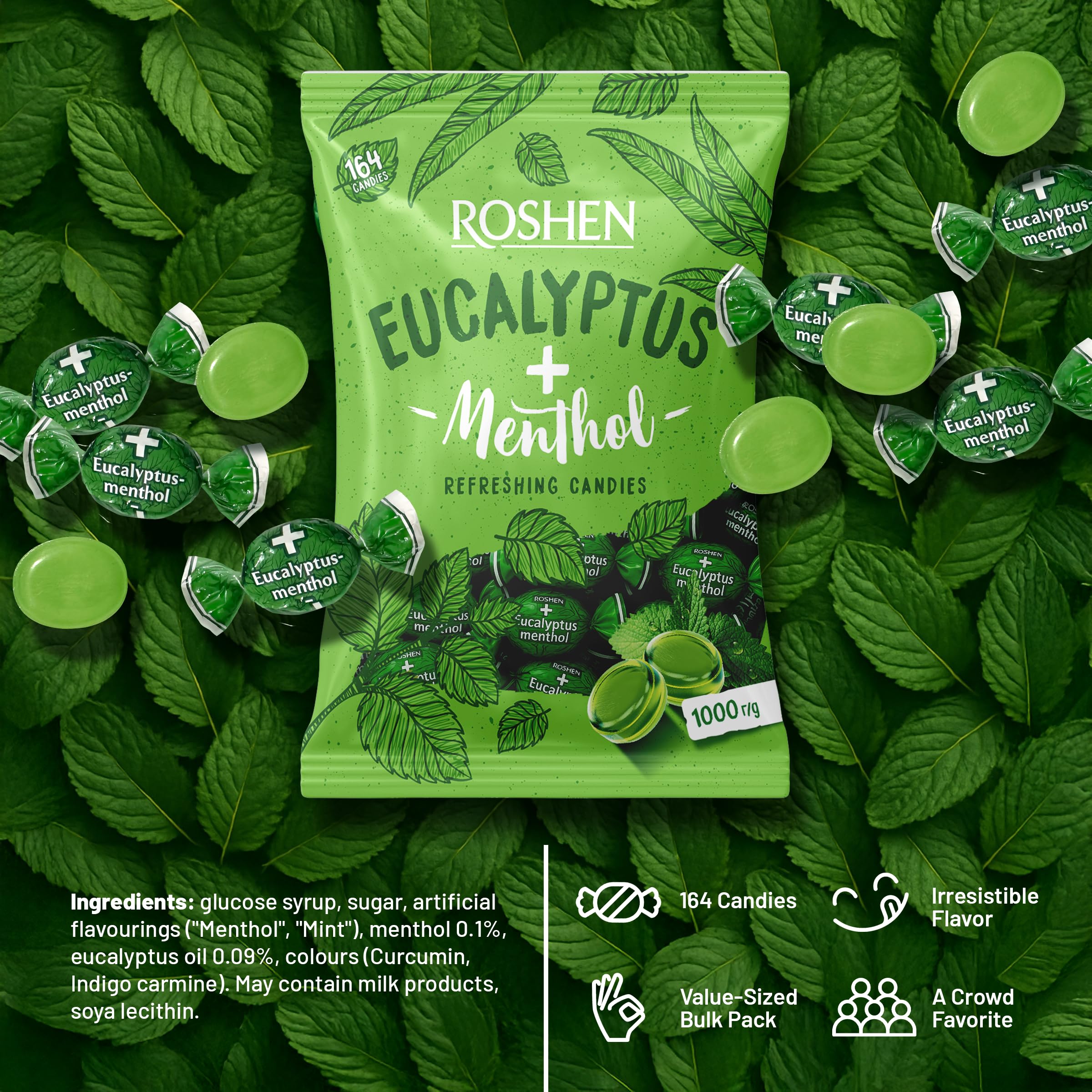 Roshen candies in glass jar on counter showing serving idea and visual appeal
