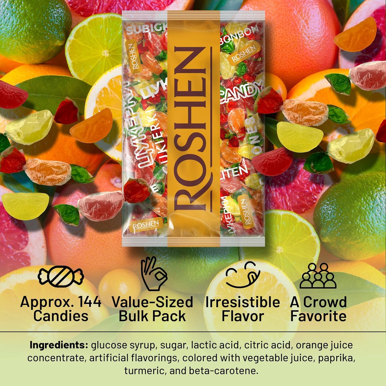 Roshen grapefruit candy close-up showing complex citrus tone