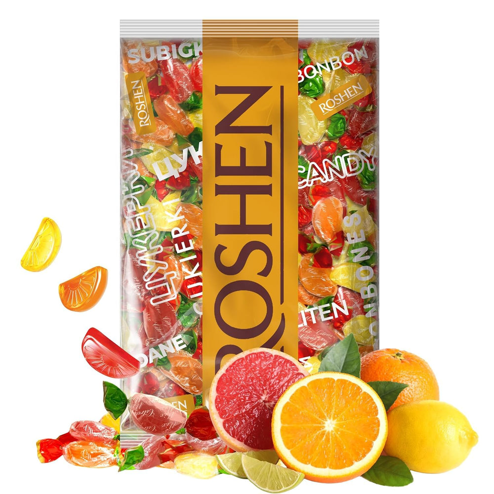 Roshen orange hard candy close-up showcasing bright texture