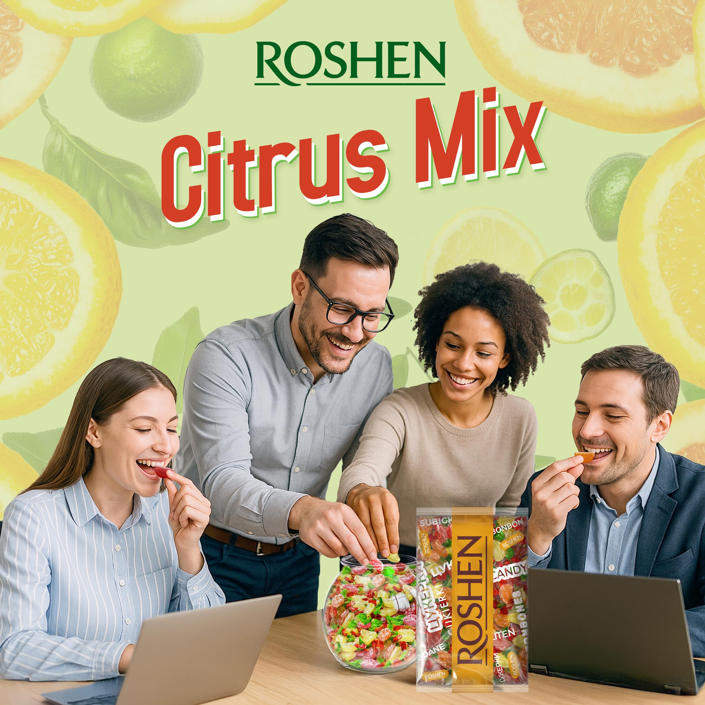 Roshen close-up of candy surfaces and color, highlights real juice texture