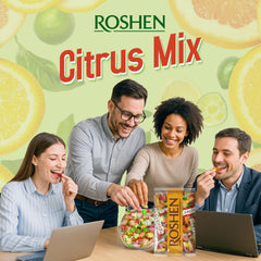 Roshen close-up of candy surfaces and color, highlights real juice texture