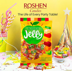 Roshen jellies in glass jar on buffet bowl for easy party serving benefit