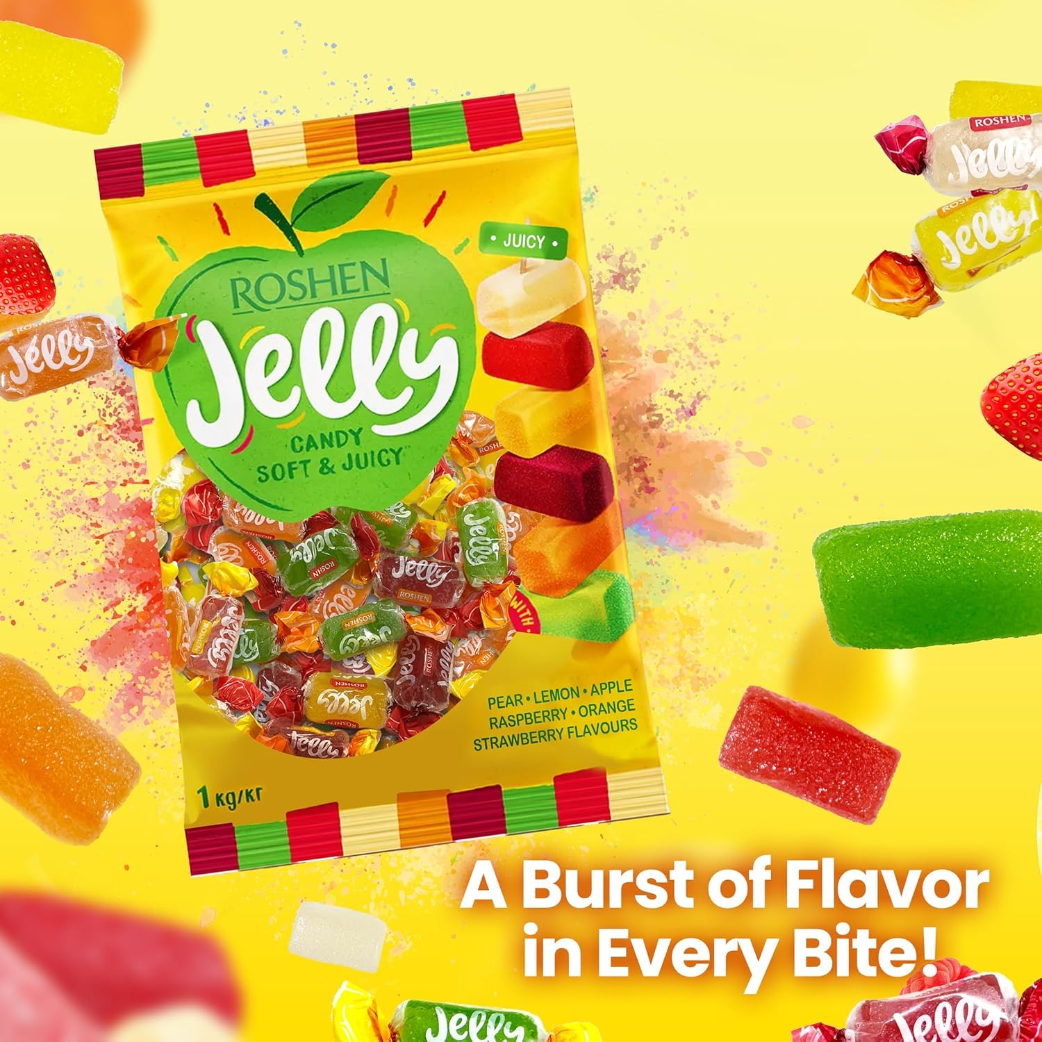 Roshen fruit jellies on party table in casual setting showing shareable convenience benefit