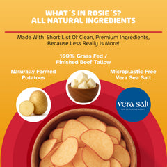 ROSIE'S CHIPS label showing ingredients list emphasizing grass-fed beef tallow transparency