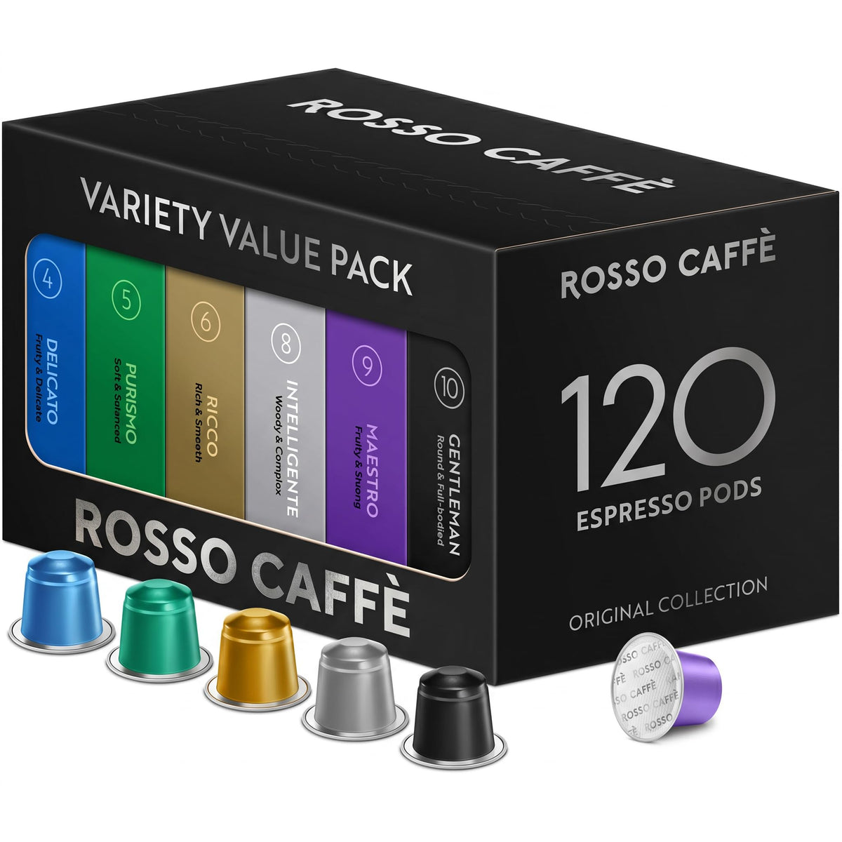 ROSSO CAFFÈ front box view showing 120-count variety pack benefits