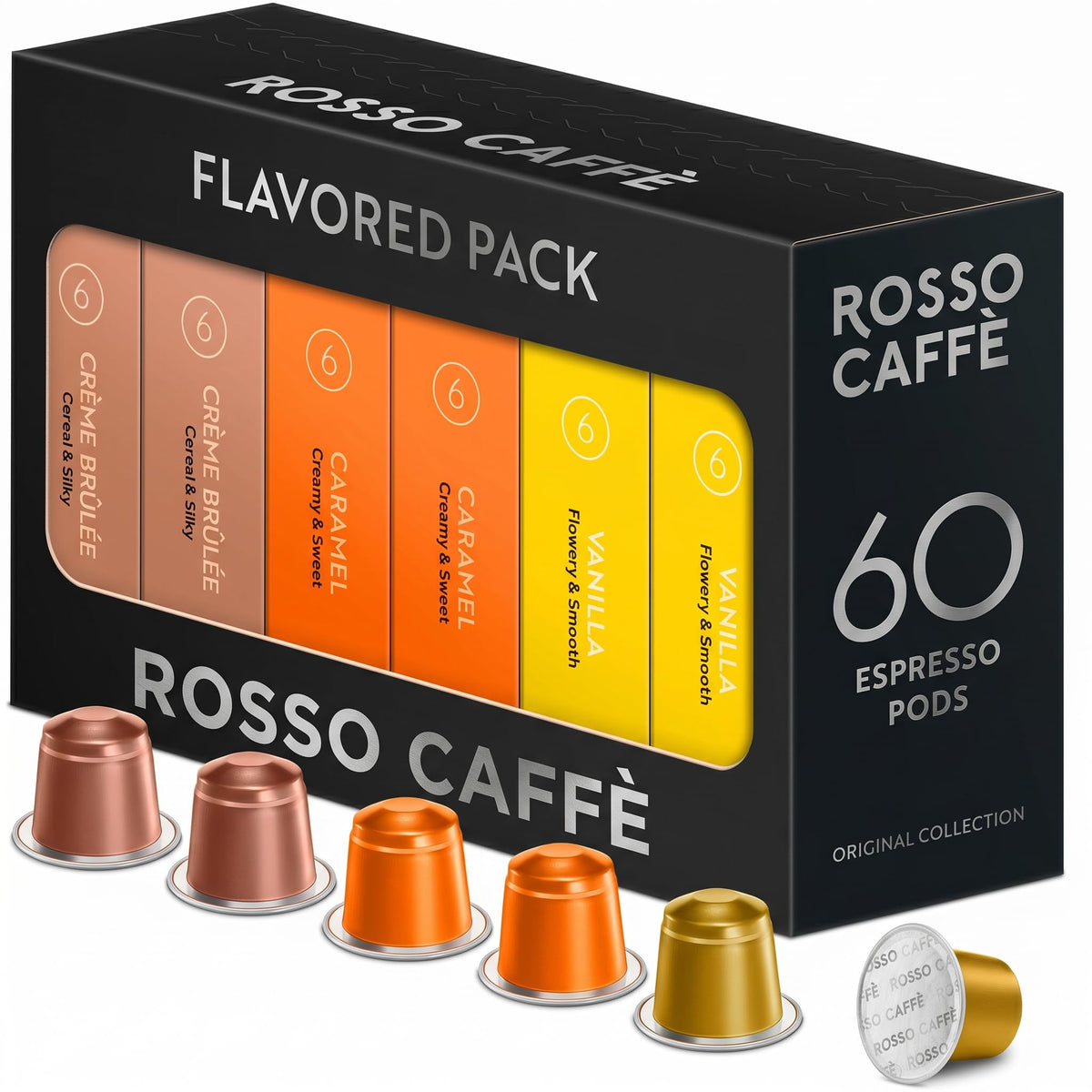 ROSSO CAFFÈ front pack of 60 flavored pods showing variety and convenience
