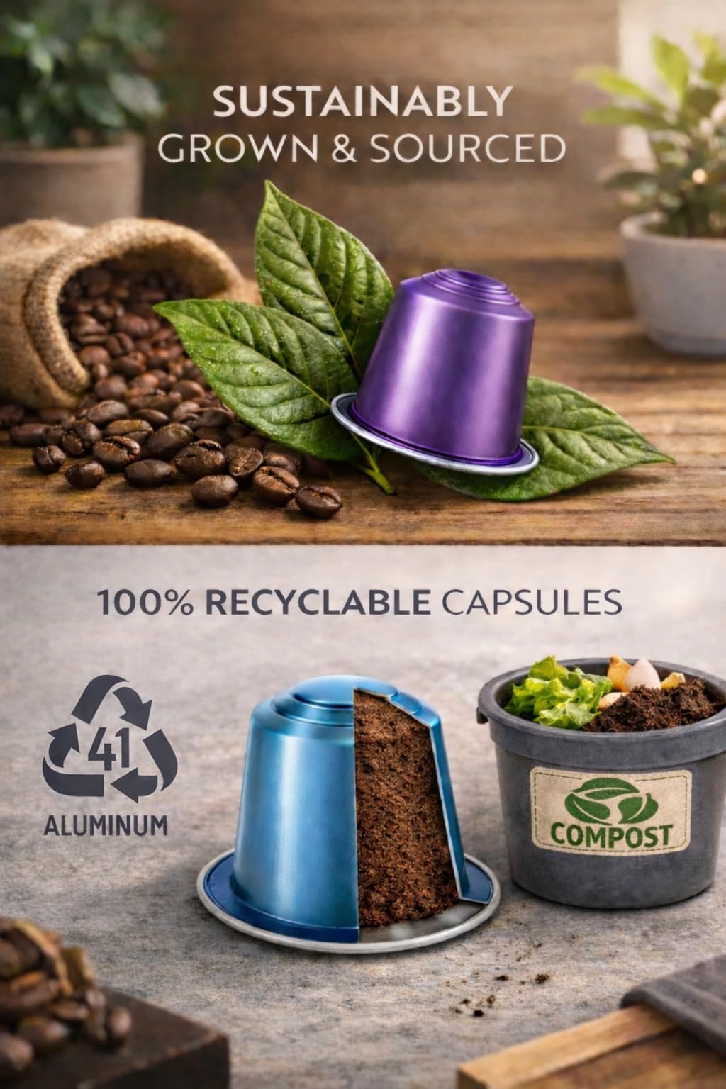ROSSO CAFFÈ recyclable aluminum pod with used grounds ready for composting