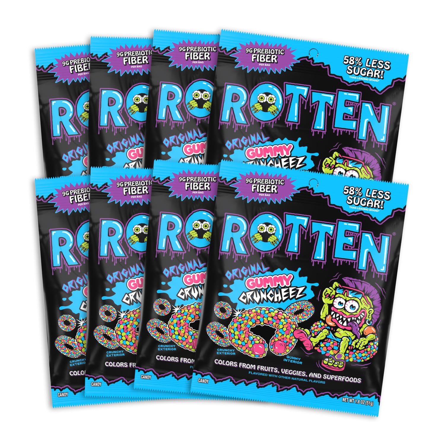 Rotten front packaging showing pouch and flavor names for quick identification