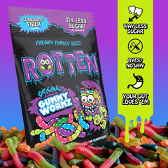 Rotten flavor variety arrangement displaying six colorful worm flavors