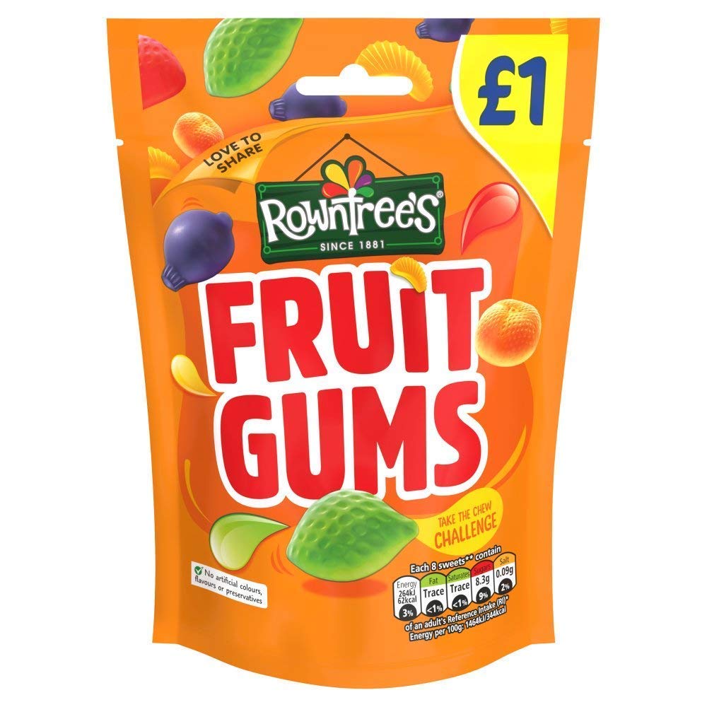 Rowntree's fruit gums front packaging showing 120g bag and vibrant fruit variety, perfect for sharing