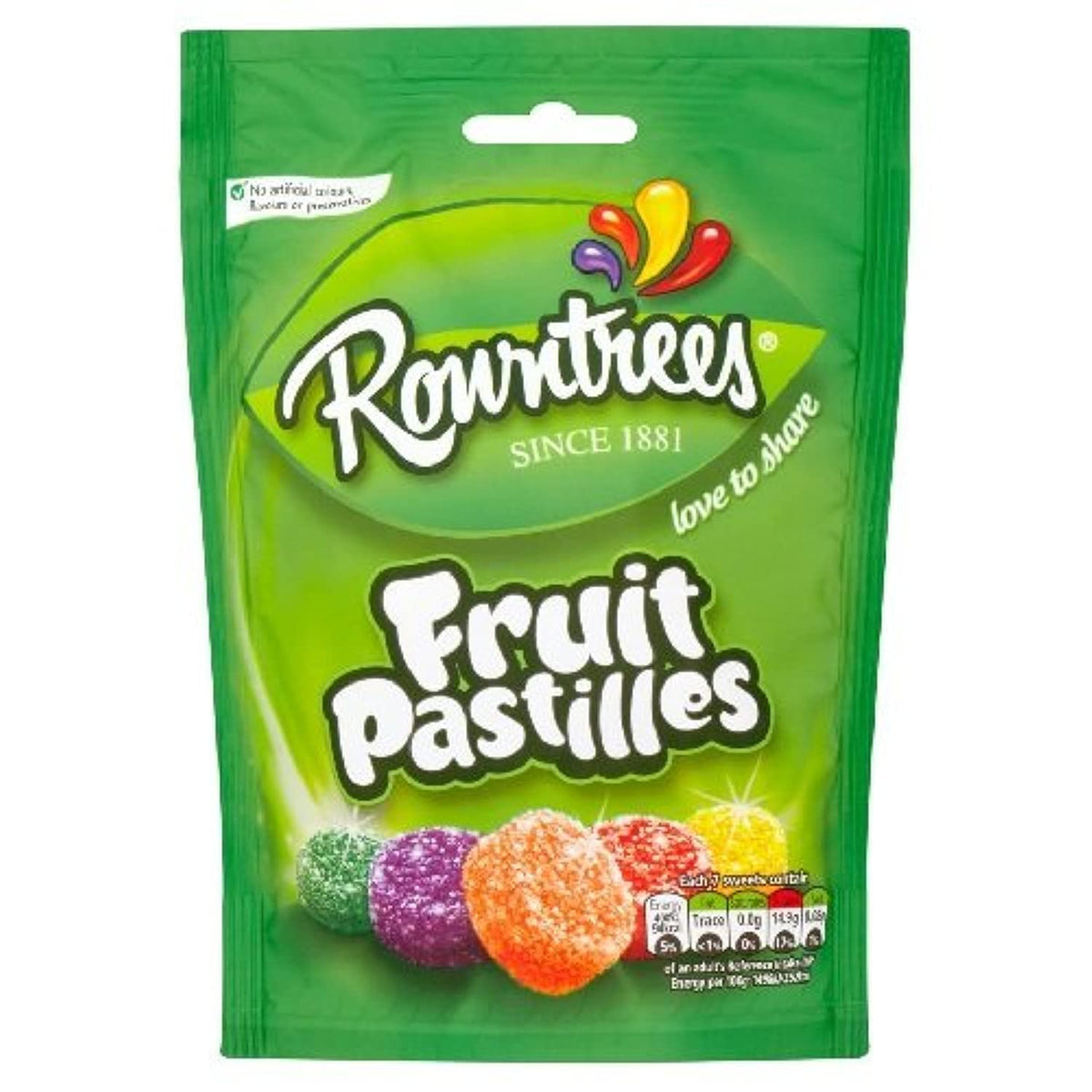 Rowntree's front pouch showing colourful fruit pastilles and shareable packaging