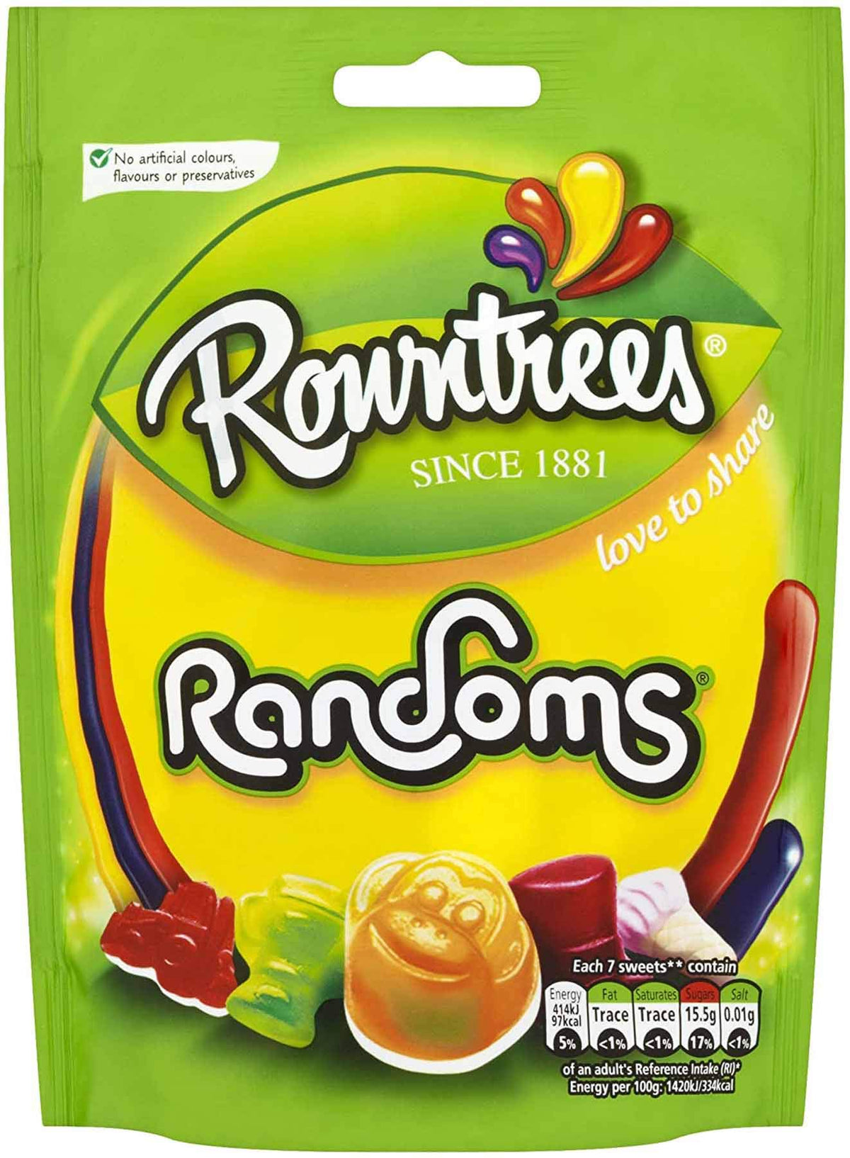 Rowntree's Randoms front packaging showing colourful bag and branding, enticing snack sharing